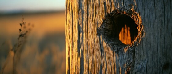 Sunlight filters through a knothole in an old tree, warming the rough bark and framing nature’s architectural beauty with a golden glow.
