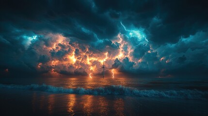 Obraz premium Gigantic wind turbine under stormy sky, dramatic lightning strike near rotor
