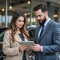 Obraz premium Bearded business man car salesman in grey suit giving explanations on tablet to pretty young woman in beige jacket outside car dealership
