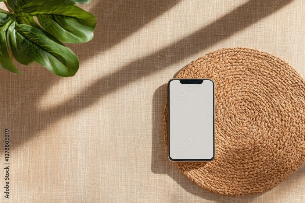 Poster contemporary minimalist workspace smartphone on woven mat with greenery - eco-friendly tech design f