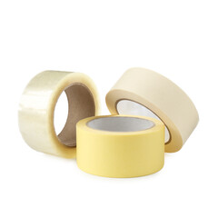 Rolls of adhesive and masking tape isolated on white