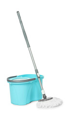 String mop and bucket isolated on white. Cleaning equipment