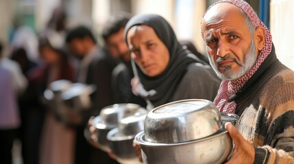 A Poignant Glimpse into Poverty: Middle Eastern Man Holding Food Containers in a Line of People