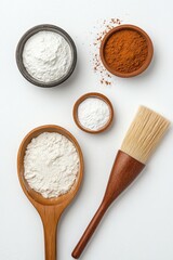 Minimalist Culinary Inspiration Natural Wooden Spoons with Artisan Flour and Spices on White - Premium Bakery Content for Gourmet Brand Storytelling and Product Marketing