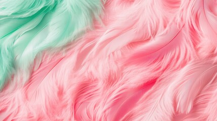 Obraz premium A top view of long feathers in soft pink and green cotton candy colors, creating a fluffy, textured pattern.