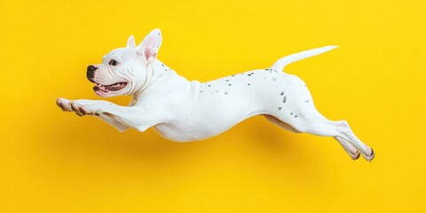 Obraz premium Dynamic Pet Energetic Spotted Puppy Leaping Against Bold Yellow Backdrop - Engaging Visual Content for Pet Brands and Modern Lifestyle Marketing