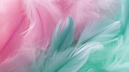 A top view of long feathers in soft pink and green cotton candy colors, creating a fluffy, textured pattern.