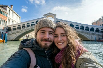 Young couple taking a selfie portrait in front of Rialto Bridge in Venice, Italy
