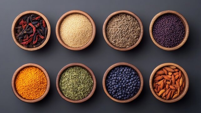 Rustic Culinary Aesthetic Artisan Wooden Bowls Arranged with Global Spice and Grain Collection on Dark Surface - Gourmet Gastronomy Display and Restaurant Interior Design