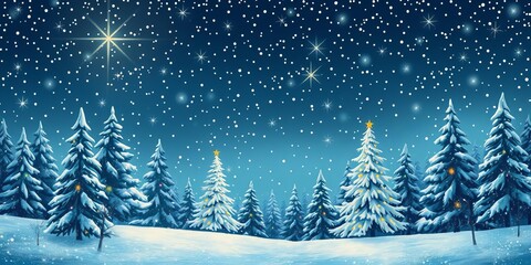 Obraz premium Winter wonderland illustration with snow covered trees, sparkling lights, and festive doodles for holiday decorations, sparkling, snow, winter