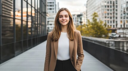 Fototapeta premium A cheerful woman wearing a brown jacket and black pants is standing confidently on a sidewalk, exuding positivity and style.