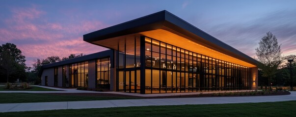 Obraz premium Modern building sunset campus event