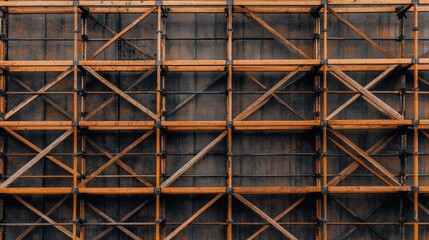 Aerial shot of a construction scaffolding grid with intersecting metal bars.