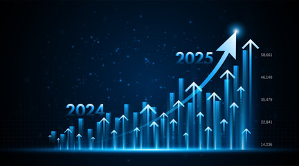 Naklejka premium Arrow pointing upwards for future company growth in 2024 to 2025. Stock market graph with rising candles. Ideas for growing a profitable business or investment 