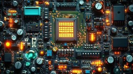 Fototapeta premium Intricate Close-Up of a Circuit Board Featuring a Central Microprocessor and Glowing Details
