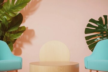 Biophilic Medical Office Design Smooth Wooden Podium with Light Blue Chairs for Welcoming Healthcare Spaces - Enhancing Patient Comfort and Wellbeing