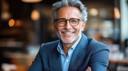 Obraz premium A cheerful man wearing glasses, dressed in a blue shirt and blue jacket, exuding a friendly and approachable demeanor.
