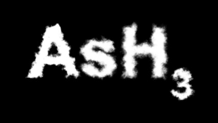 An AsH₃ (arsine) molecule symbol with a smoke cloud text effect on a black background, representing its toxic, highly reactive chemical properties