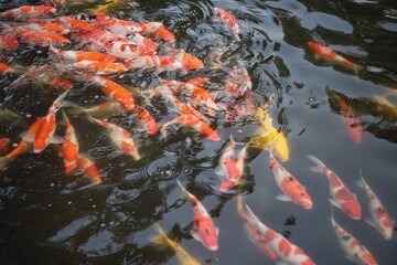 Colorful koi fish swim together in a pond