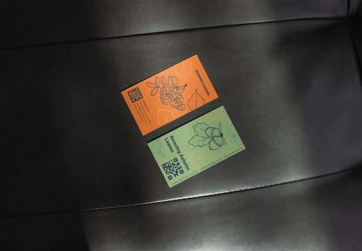 Business Card Mockup Showing Front and Back on Leather Surface. US size soft texture