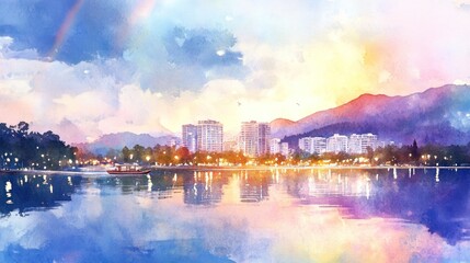 Naklejka premium Serene Waterfront Cityscape at Sunset with Rainbow Hues