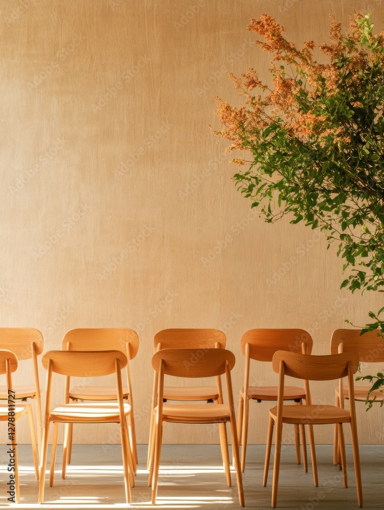 Aufkleber natural minimalistic lecture hall setup wooden seating with live plant decor - enhancing educational