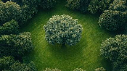 Obraz premium Aerial view showcasing a solitary tree in a vast field, encircled by a cluster of trees, highlighting nature's beauty and diversity.