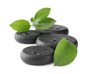 Wet spa stones and green leaves isolated on white