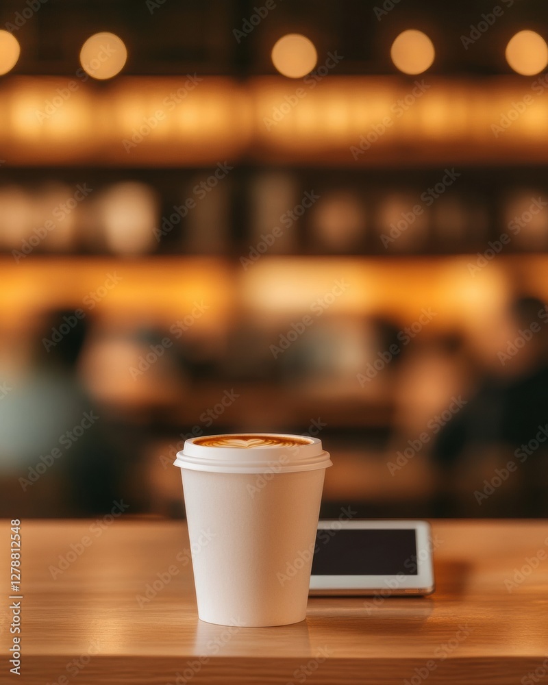 Aufkleber contemporary hybrid coworking cafe minimalist coffee cup and tablet setup for digital networking - m