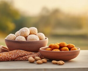 Ethnic Harvest Aesthetic Artisanal Indian Sweets on Handcrafted Embroidered Cloth - Cultural Festive Decor and Gourmet Event Marketing