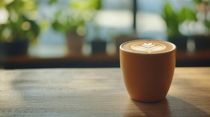 Contemporary Hybrid Coworking Cafe Rustic Wooden Table, Modern Laptop and Artistic Latte Art - Inspiring Social Workspace for Creative Collaborations and Digital Nomads