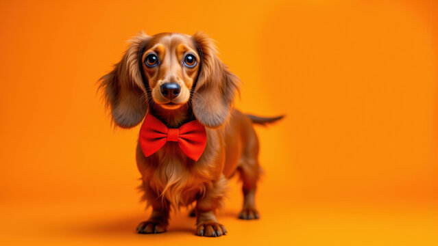 Long-haired dachshund with a red bow tie against a yellow background.