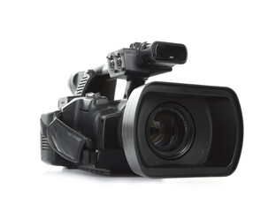 Modern professional video camera isolated on white