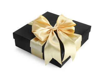 Gift box with golden bow isolated on white