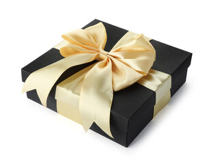 Gift box with golden bow isolated on white