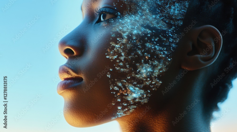 Aufkleber futuristic healthcare visualization digital holographic data on diverse female - innovative tech for