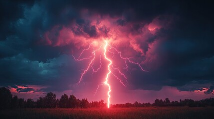 Fototapeta premium Dramatic Pink Lightning Strike Over Field Landscape