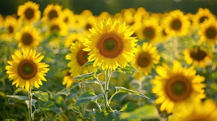 Fototapeta premium A field of sunflowers swaying in the wind