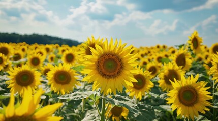 Fototapeta premium A field of sunflowers swaying in the wind