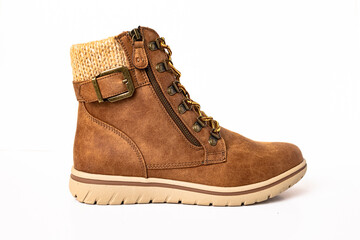 Leather boots for the modern woman. Brown women's leather boots with high lacing isolated on white background.