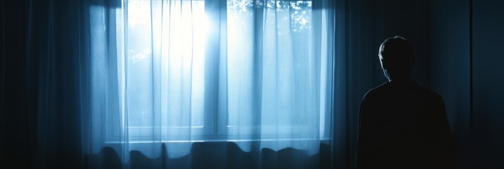 Illuminated window in dark room casts shadows of a fearful person during nighttime