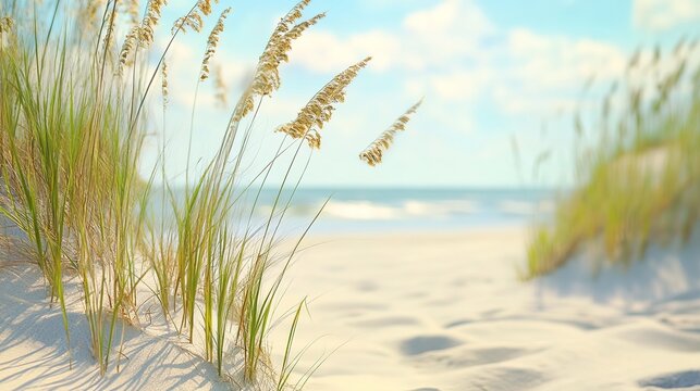 A digital oil painting of the dunes at Cannon Beach, Oregon, with tall grass and mountains in the background, a sunset, long exposure, watercolor-like effects, beautiful.