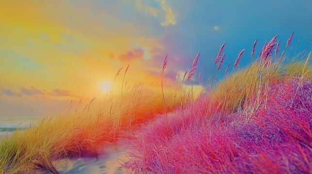 A digital oil painting of the dunes at Cannon Beach, Oregon, with tall grass and mountains in the background, a sunset, long exposure, watercolor-like effects, beautiful.