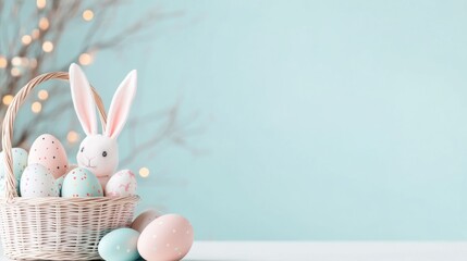 Smiling cute little girl with bunny ears holds an Easter basket full of vibrant eggs against a soft pastel background. The atmosphere captures the joy of spring celebrations