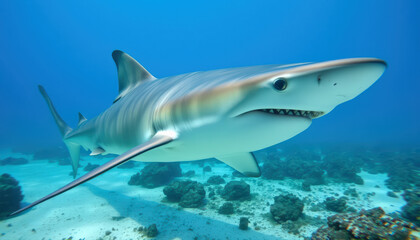 Obraz premium A big shark swims underwater. 