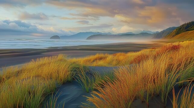 A digital oil painting of the dunes at Cannon Beach, Oregon, with tall grass and mountains in the background, a sunset, long exposure, watercolor-like effects, beautiful