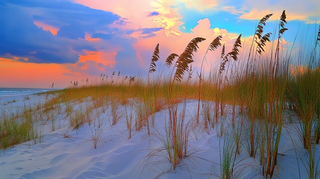 A digital oil painting of the dunes at Cannon Beach, Oregon, with tall grass and mountains in the background, a sunset, long exposure, watercolor-like effects, beautiful