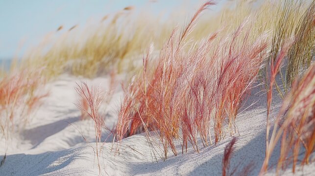 A digital oil painting of the dunes at Cannon Beach, Oregon, with tall grass and mountains in the background, a sunset, long exposure, watercolor-like effects, beautiful