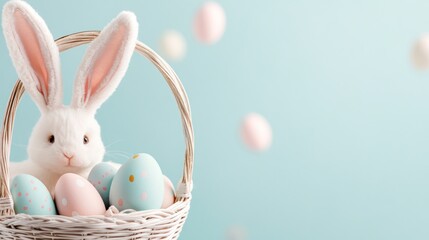A cheerful girl with bunny ears smiles while holding a basket of vibrant Easter eggs. The background features soft blurred pastel colors that evoke the springtime spirit