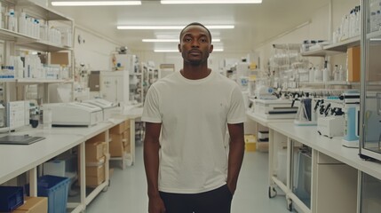 Obraz premium A focused man stands in a laboratory filled with numerous shelves, showcasing an organized environment for scientific exploration and experimentation.